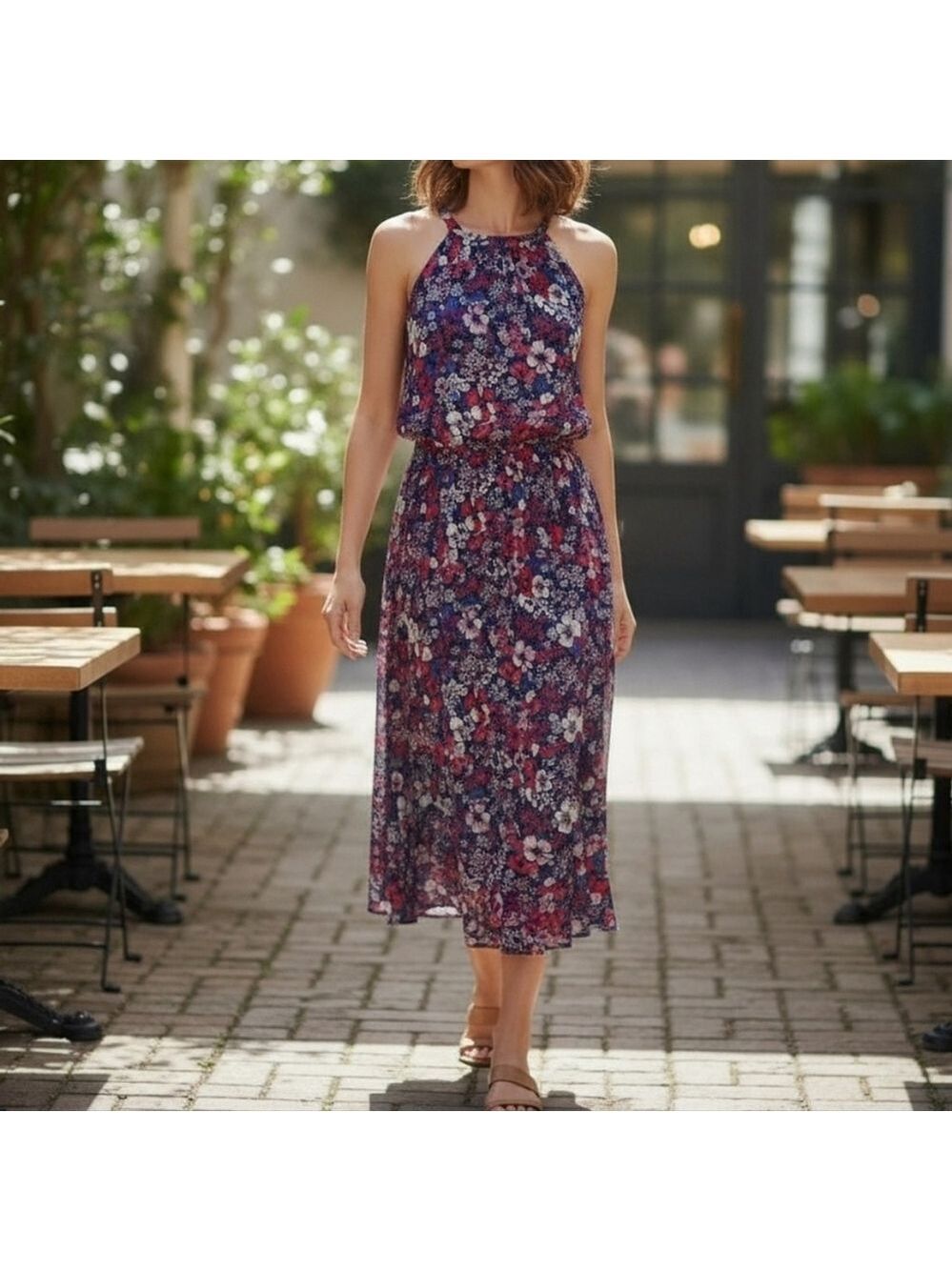 BCBG Paris Floral Midi Dress Red and Blue XXL